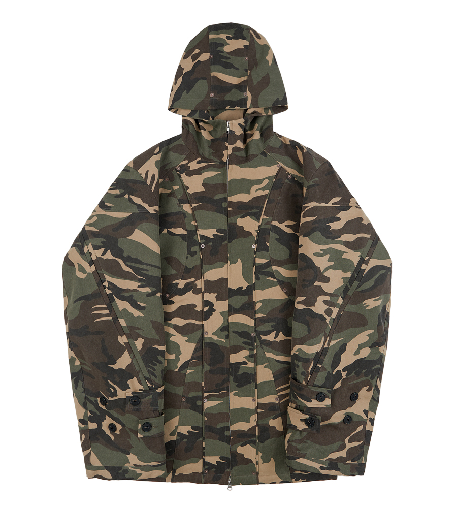 Washed Cotton 2way Zip Curved Jumper - Woodland Camo