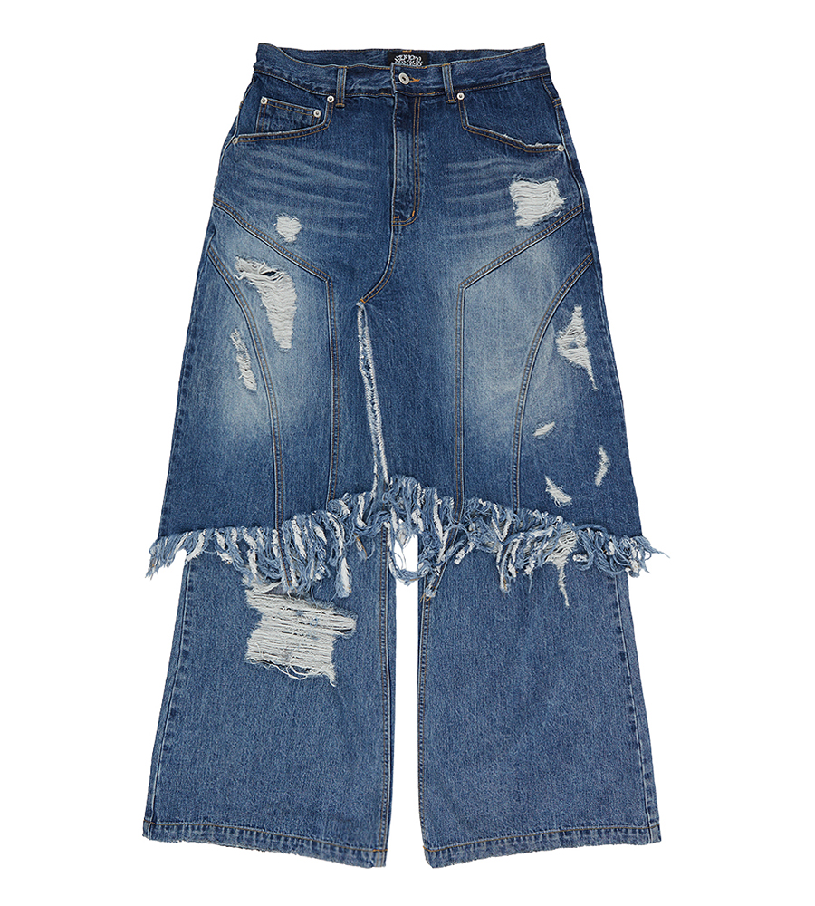 Layered Skirt Flared Denim Jeans - Washed Blue