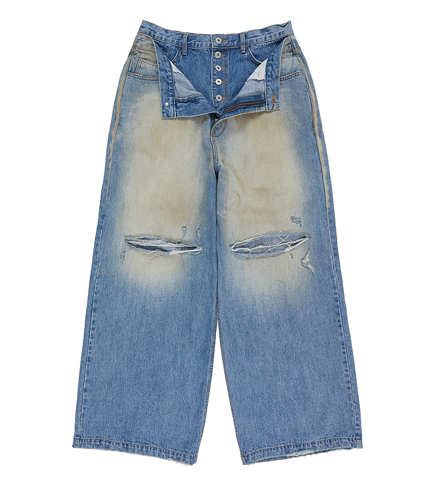 Double Waist Distressed Denim Jeans - Washed Blue