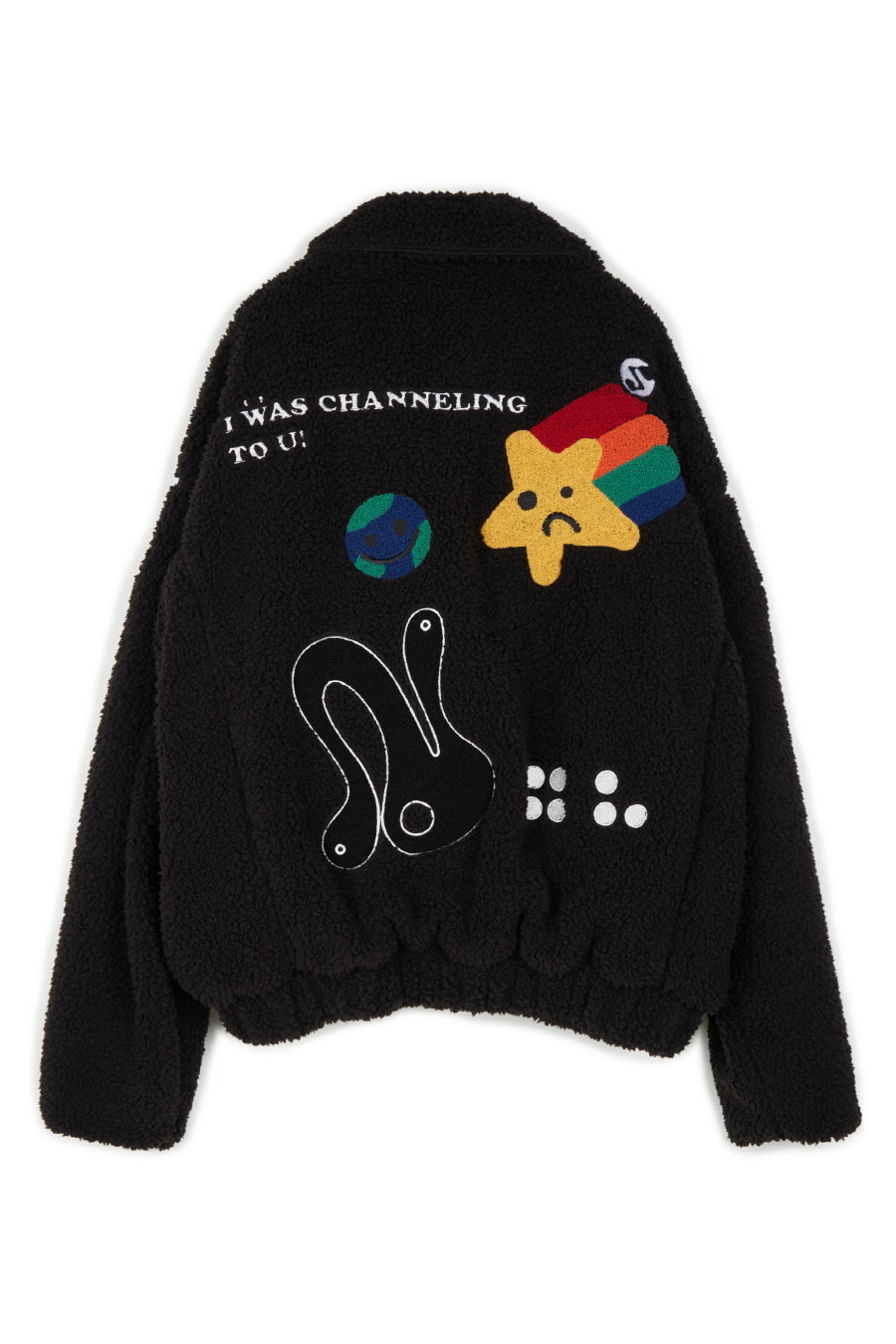 Shooting Star Embroidered Sherpa Fleece Jacket - Black